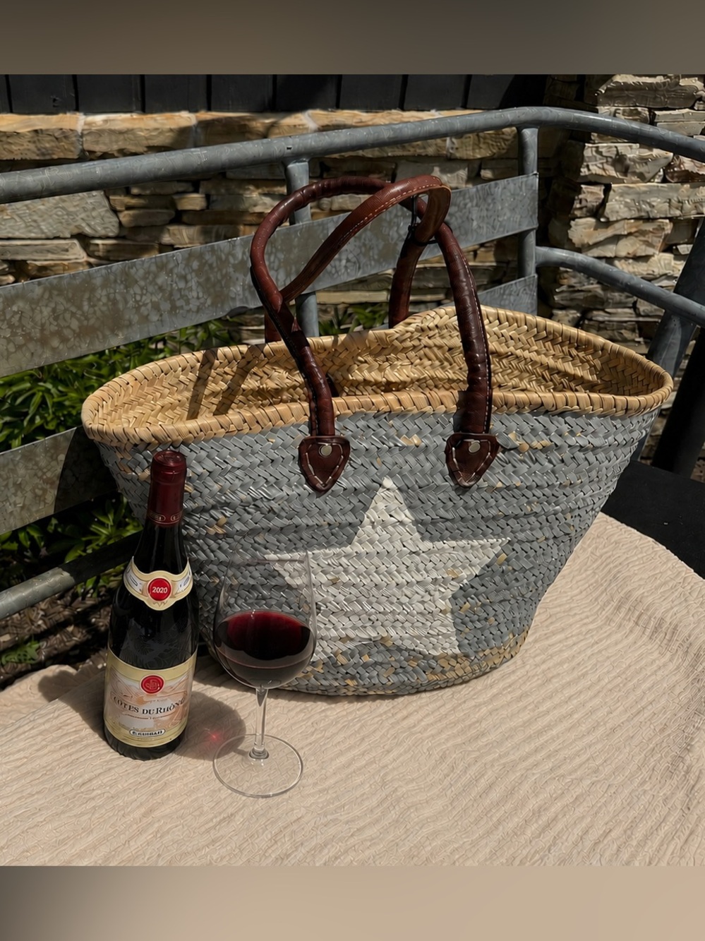 EUC Buckle-Up - Large , Tan and Blue Straw Tote with Brown Leather Star